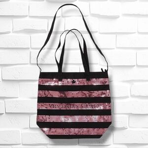VICTORIA'S SECRET Pink Stripe Sequins Large Canvas Shoulder/Crossbody Tote Bag